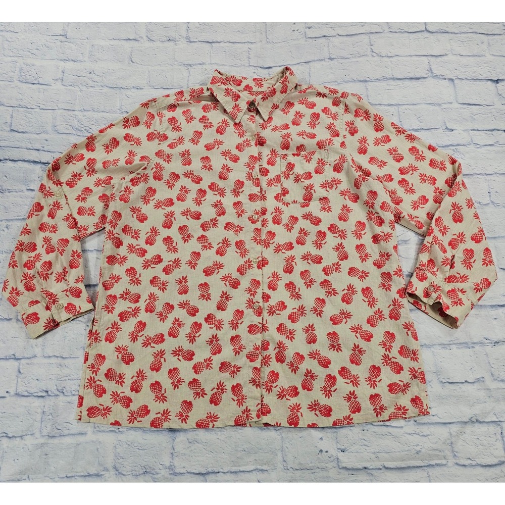 Paradise Shores Linen Blend Pineapple Print Button Shirt Women XL Beige Tropical